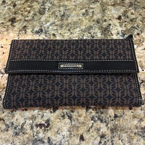 FOSSIL Signature TRIFOLD WALLET Checkbook Cover Zippered Coin pocket Black/Brown